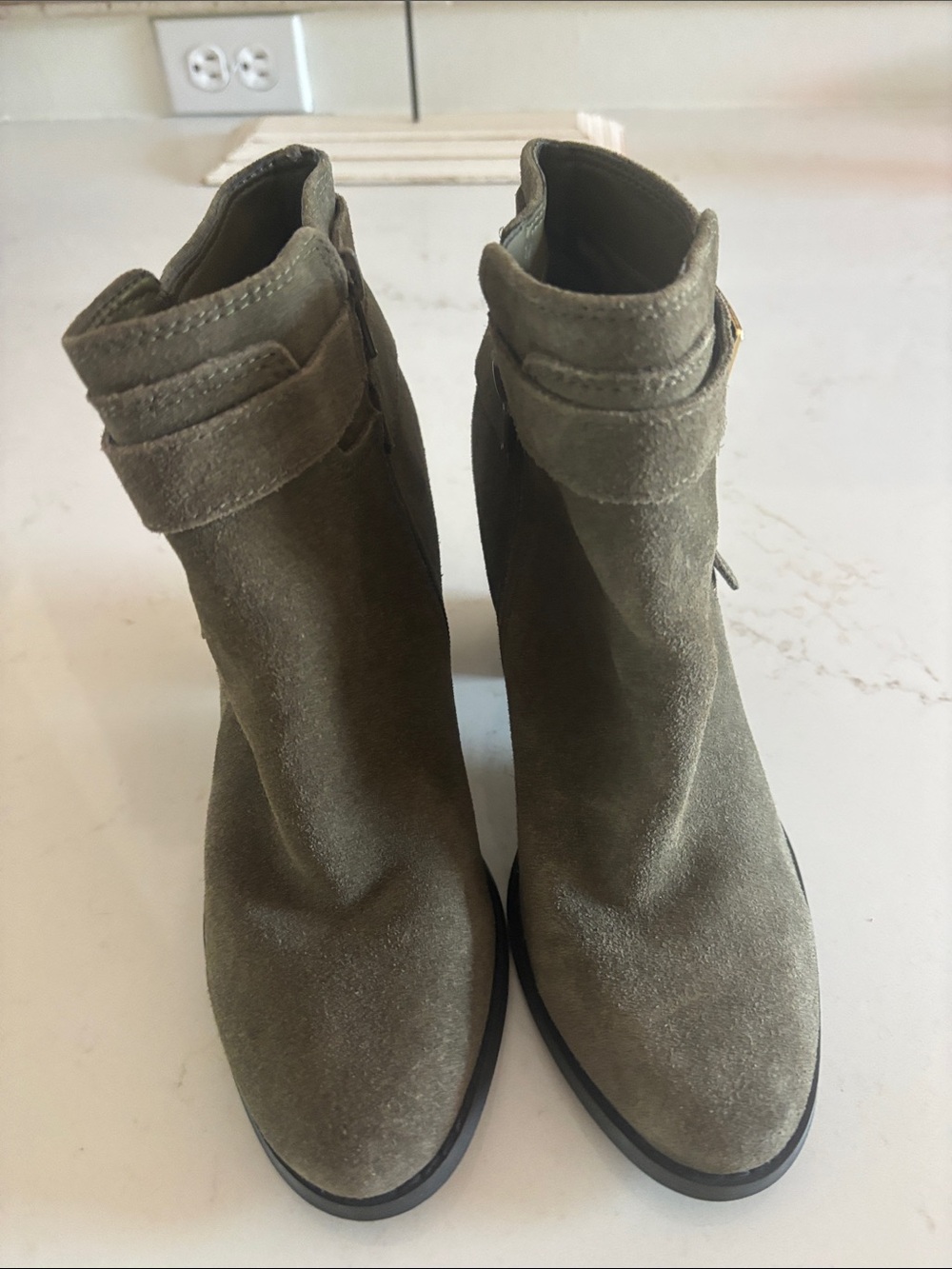 GUESS Olive Green Suede Ankle Boots with Gold Accents - Picture 2 of 8